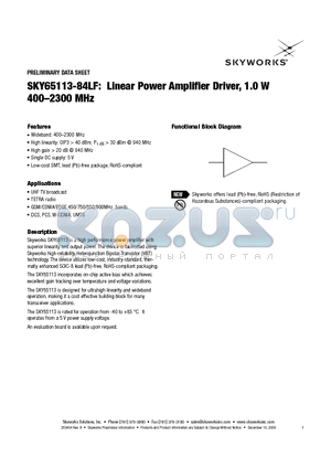 SKY65113-84LF datasheet - Linear Power Amplifier Driver, 1.0 W 400-2300 MHz