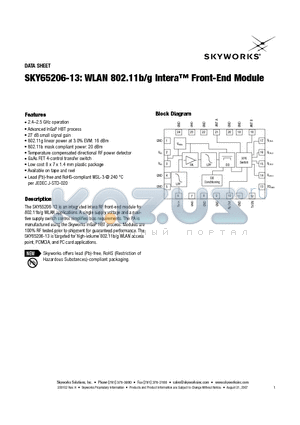 SKY65206-13 datasheet - WLAN 802.11b/g Intera Front-End Module