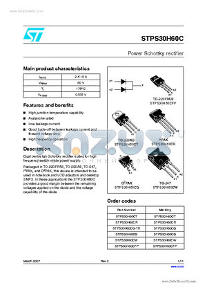 STPS30H60CG-TR datasheet - Power Schottky rectifier