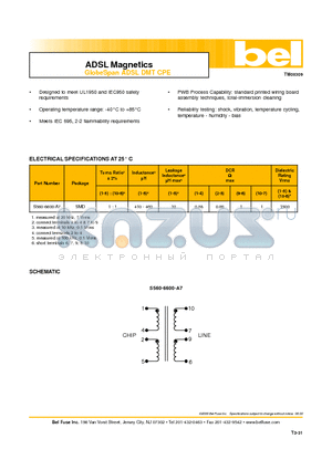 S560-6600-A7 datasheet - ADSL Magnetics GlobeSpan ADSL DMT CPE