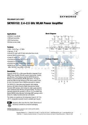 SKY65152 datasheet - 2.4-2.5 GHz WLAN Power Amplifier