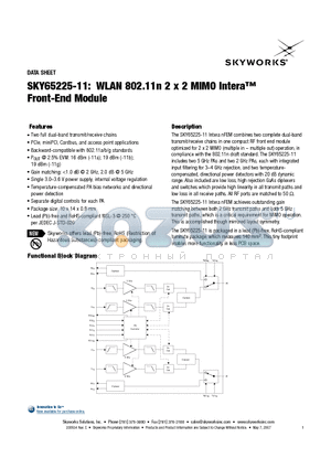 SKY65225-11 datasheet - WLAN 802.11n 2 x 2 MIMO Intera Front-End Module