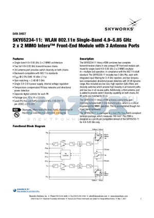 SKY65234-11 datasheet - WLAN 802.11n Single-Band 4.9-5.85 GHz 2 x 2 MIMO Intera Front-End Module with 3 Antenna Ports