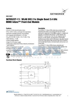 SKY65227-11 datasheet - WLAN 802.11n Single Band 2.4 GHz MIMO Intera Front-End Module