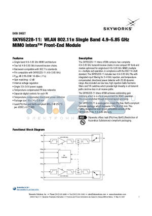 SKY65228-11 datasheet - WLAN 802.11n Single Band 4.9-5.85 GHz MIMO Intera Front-End Module