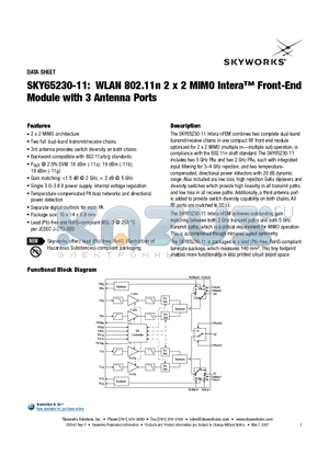 SKY65230-11 datasheet - WLAN 802.11n 2 x 2 MIMO Intera Front-End Module with 3 Antenna Ports