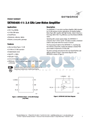 SKY65405-11 datasheet - 2.4 GHz Low-Noise Amplifier