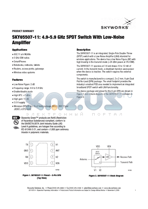 SKY65507-11 datasheet - 4.9-5.9 GHz SPDT Switch With Low-Noise Amplifier
