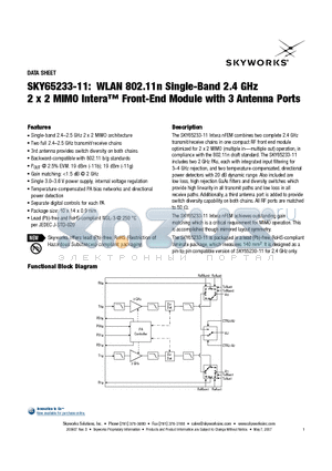SKY65233-11 datasheet - WLAN 802.11n Single-Band 2.4 GHz 2 x 2 MIMO Intera Front-End Module with 3 Antenna Ports