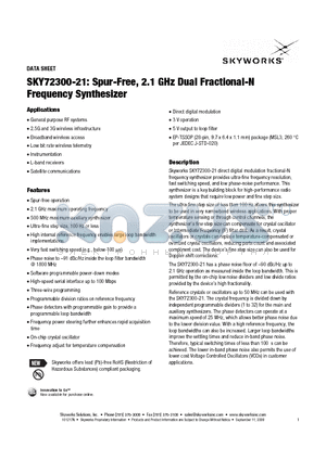 SKY72300-21 datasheet - SKY72300-21: Spur-Free, 2.1 GHz Dual Fractional-N Frequency Synthesizer