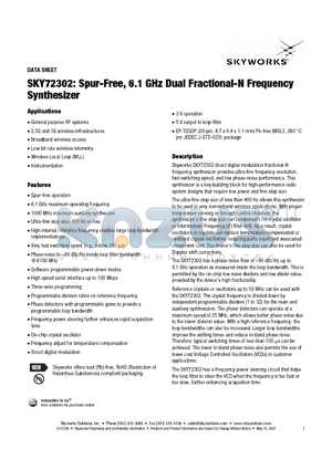 SKY72302 datasheet - Spur-Free, 6.1 GHz Dual Fractional-N Frequency Synthesizer