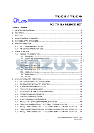 W83628F datasheet - PCI TO ISA BRIDGE SET