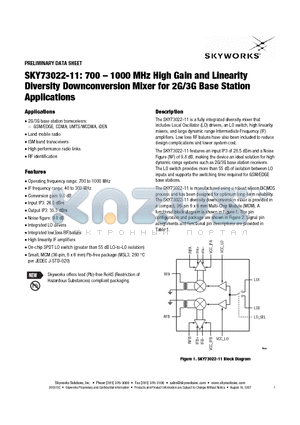 SKY73022-11 datasheet - 700 - 1000 MHz High Gain and Linearity Diversity Downconversion Mixer for 2G/3G Base Station Applications