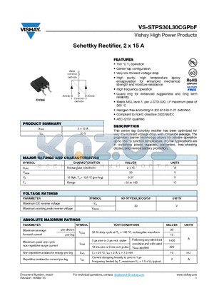 STPS30L30CGTRRP datasheet - Schottky Rectifier, 2 x 15 A