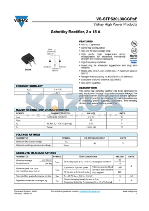 STPS30L30CGTRRPBF datasheet - Schottky Rectifier, 2 x 15 A