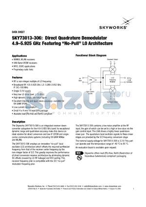 SKY73013-306 datasheet - Direct Quadrature Demodulator 4.9-5.925 GHz Featuring No-Pull LO Architecture