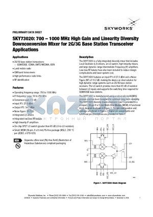 SKY73020 datasheet - 700 - 1000 MHz High Gain and Linearity Diversity Downconversion Mixer for 2G/3G Base Station Transceiver Applications