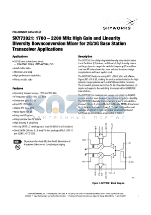 SKY73021 datasheet - 1700 - 2200 MHz High Gain and Linearity Diversity Downconversion Mixer for 2G/3G Base Station Transceiver Applications