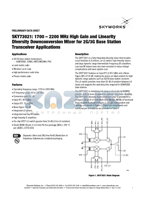 SKY73021-11 datasheet - 1700 - 2200 MHz High Gain and Linearity Diversity Downconversion Mixer for 2G/3G Base Station Transceiver Applications