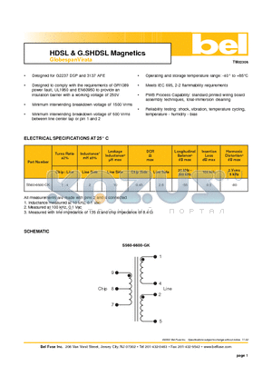 S560-6600-GK datasheet - HDSL & G.SHDSL Magnetics GlobespanVirata