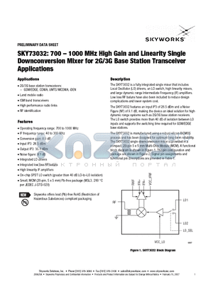 SKY73032 datasheet - 700 - 1000 MHz High Gain and Linearity Single Downconversion Mixer for 2G/3G Base Station Transceiver Applications