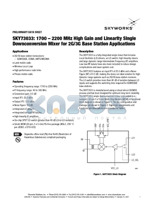 SKY73033 datasheet - 1700 - 2200 MHz High Gain and Linearity Single Downconversion Mixer for 2G/3G Base Station Applications