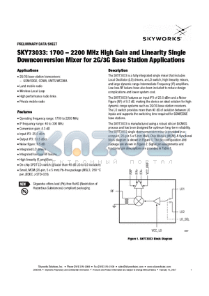 SKY73033-11 datasheet - 1700 - 2200 MHz High Gain and Linearity Single Downconversion Mixer for 2G/3G Base Station Applications