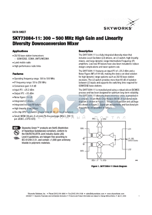 SKY73084-11 datasheet - 300 - 500 MHz High Gain and Linearity Diversity Downconversion Mixer