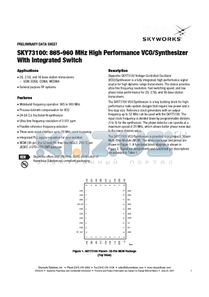 SKY73100 datasheet - 865-960 MHz High Performance VCO/Synthesizer With Integrated Switch