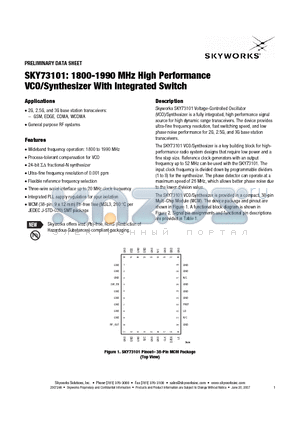 SKY73101-11 datasheet - 1800-1990 MHz High Performance VCO/Synthesizer With Integrated Switch