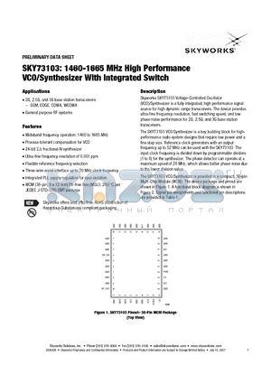 SKY73103 datasheet - 1460-1665 MHz High Performance VCO/Synthesizer With Integrated Switch