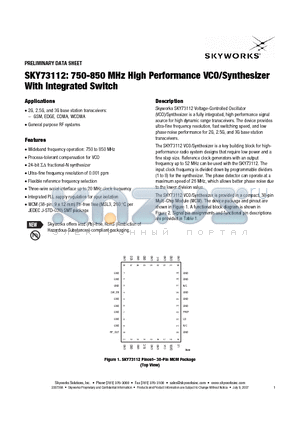 SKY73112 datasheet - 750-850 MHz High Performance VCO/Synthesizer With Integrated Switch