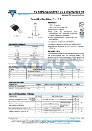 STPS30L30CTPBF datasheet - Schottky Rectifier, 2 x 15 A