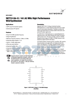 SKY73126-31 datasheet - 161.92 MHz High Performance VCO/Synthesizer