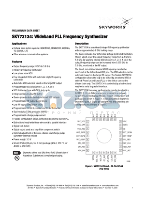 SKY73134 datasheet - Wideband PLL Frequency Synthesizer
