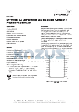 SKY74038 datasheet - 2.6 GHz/800 MHz Dual Fractional-N/lnteger-N Frequency Synthesizer
