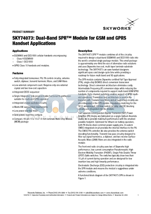 SKY74073 datasheet - SKY74073: Dual-Band SPR Module for GSM and GPRS Handset Applications