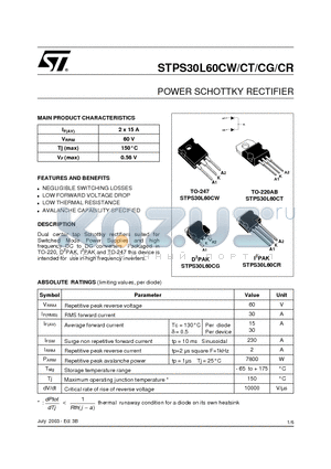 STPS30L60CG datasheet - POWER SCHOTTKY RECTIFIER