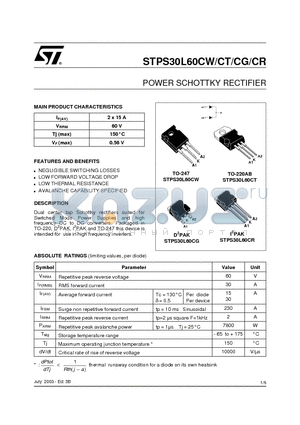 STPS30L60CR datasheet - POWER SCHOTTKY RECTIFIER