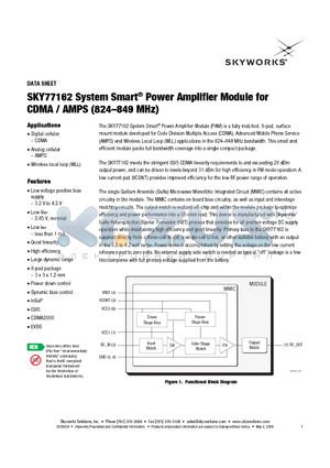 SKY77162 datasheet - System Smart Power Amplifier Module for CDMA / AMPS (824-849 MHz)