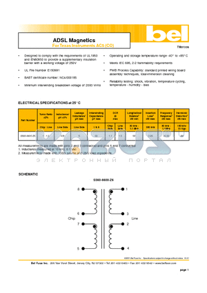 S560-6600-Z6 datasheet - ADSL Magnetics For Texas Instruments AC5 (CO)