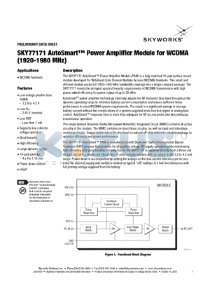 SKY77171 datasheet - AutoSmart Power Amplifier Module for WCDMA (1920-1980 MHz)