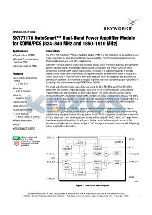 SKY77176 datasheet - AutoSmart Dual-Band Power Amplifier Module for CDMA/PCS(824-849 MHz and 1850-1910 MHz)