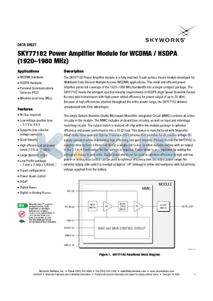 SKY77182 datasheet - Power Amplifier Module for WCDMA / HSDPA (1920-1980MHz)