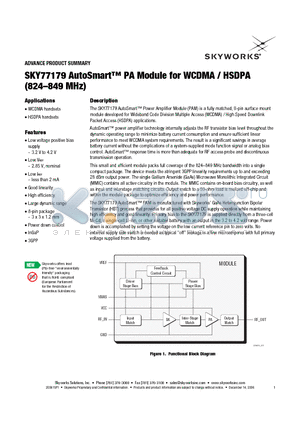 SKY77179 datasheet - AutoSmart PA Module for WCDMA / HSDPA(824-849 MHz)