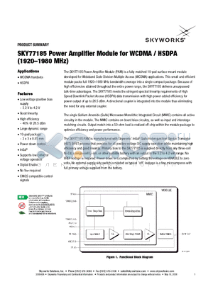 SKY77185 datasheet - Power Amplifier Module for WCDMA / HSDPA (1920-1980 MHz)