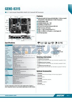 TF-GENE-8315-A10 datasheet - Onboard Intel^ ULV Celeron^ M 600 MHz/ 1.0 GHz or Intel^ Celeron^ M 1.3 GHz (Optional)/ 1.5 GHz Processors