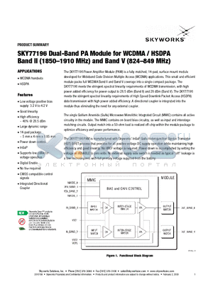 SKY77196 datasheet - Dual-Band PA Module for WCDMA / HSDPA Band II (1850-1910 MHz) and Band V (824-849 MHz)