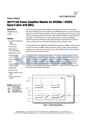 SKY77188 datasheet - Power Amplifier Module for WCDMA / HSDPA Band V (824-849 MHz)