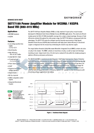 SKY77189 datasheet - Power Amplifier Module for WCDMA / HSDPA Band VIII (880-915 MHz)